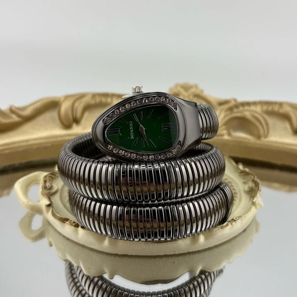 Serpenti Style Wrap Watch – Black & Silver Tone | Green Dial